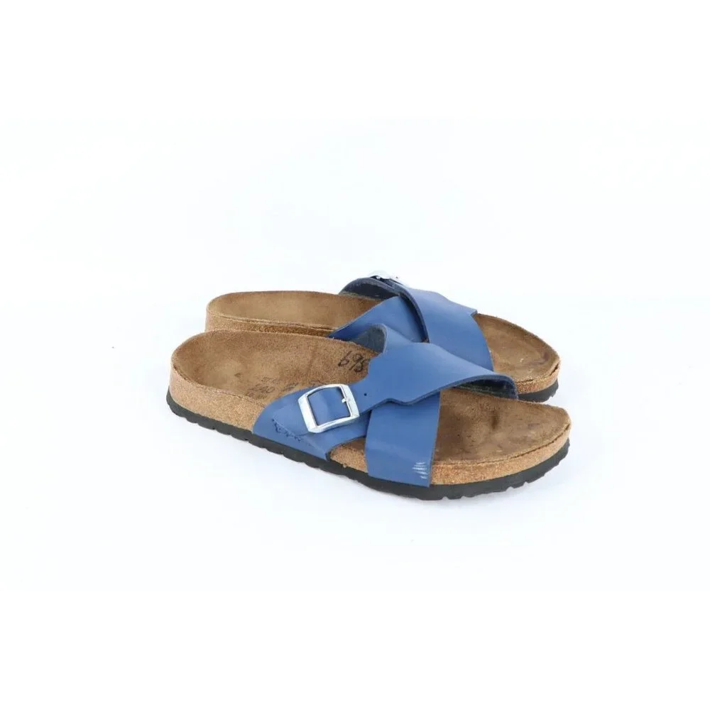 Vintage Birkis Birkenstock Womens 6 Distressed Leather Cross Strap Sandals Blue - Picture 4 of 10